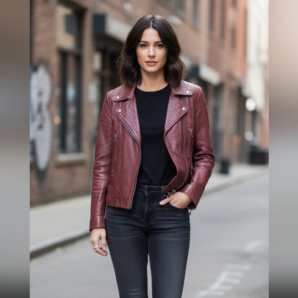 Leather Biker Jacket Brown Chocolate Maroon Softest Leather XS Amazing Quality